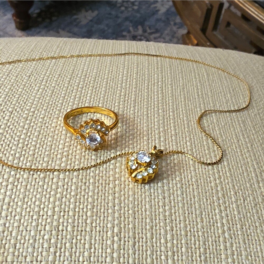 Gold Tone Yellow Gold Plated Clear Crystal Necklace Pendant & Ring 10 Set Signed